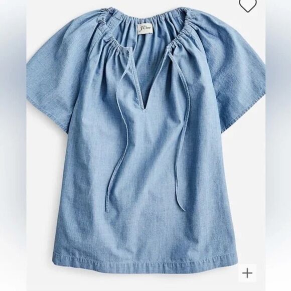 J. Crew Tie-Neck Chambray Ruched Top In Cranbury Blue Size Small - Picture 1 of 9